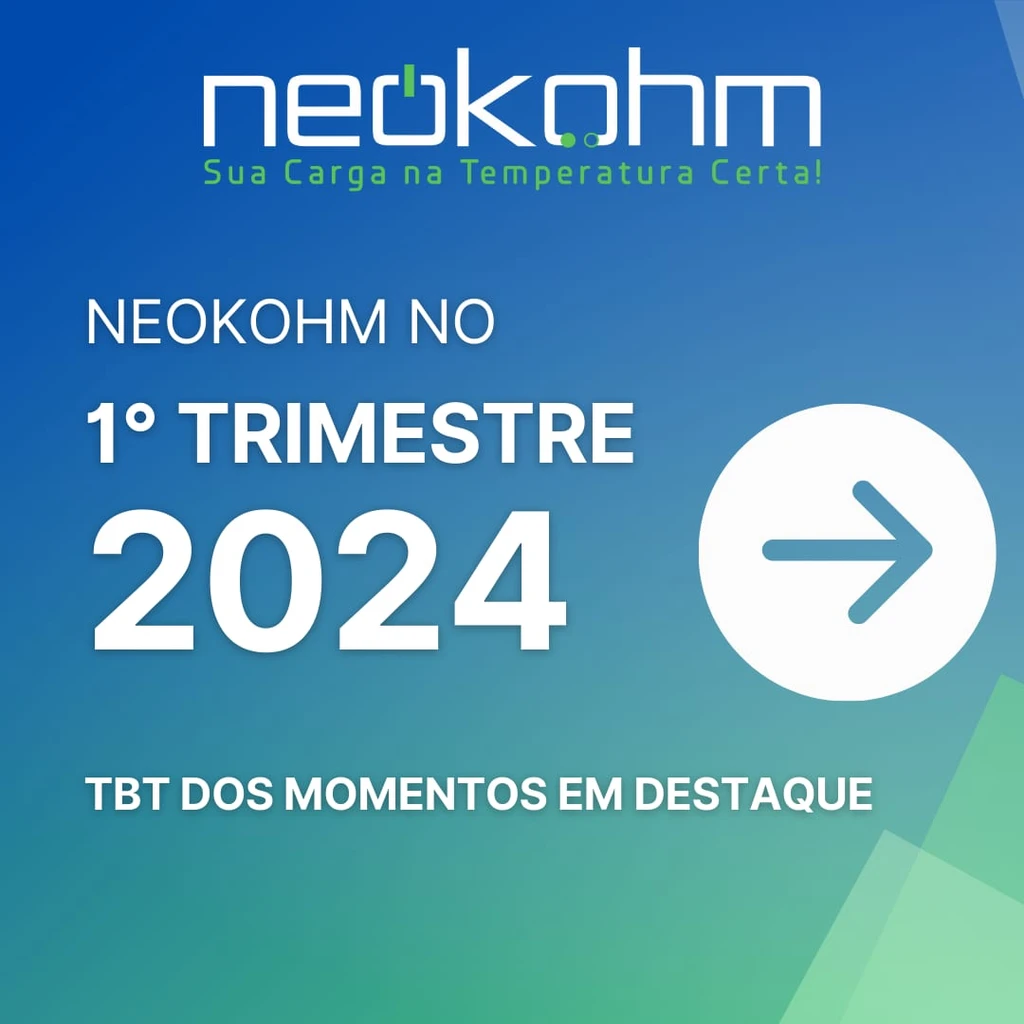 Arte de abertura com o logo da Neokohm e os dizeres "Neokohm no 1º trimestre 2024" e "TBT dos momentos em destaque", sobre fundo azul e verde