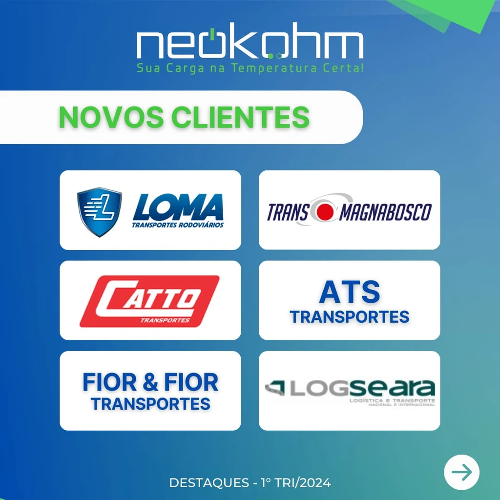 Arte "Novos clientes" com os logos de Loma, Trans Magnabosco, Catto, ATS Transportes, Fior & Fior Transportes e LOGseara