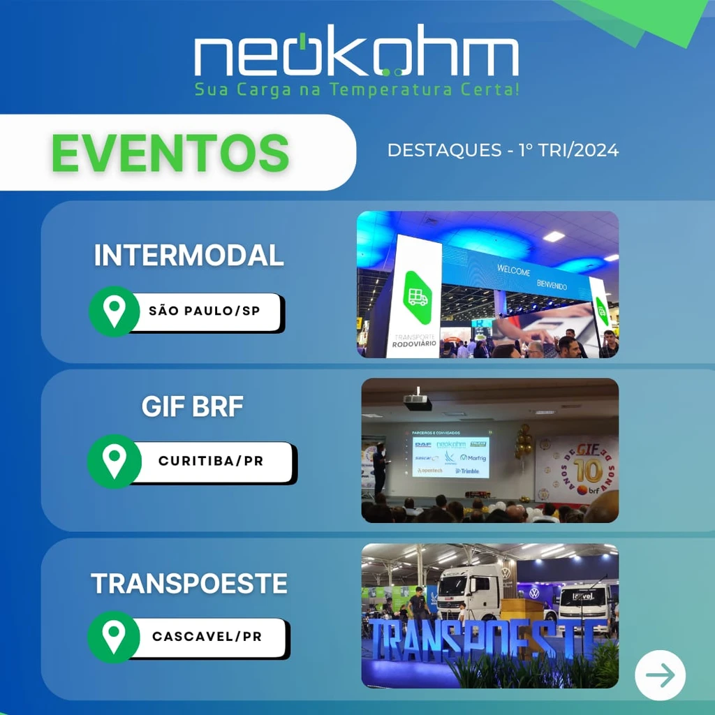 Arte "Eventos": pórtico da Intermodal (São Paulo/SP), auditório do GIF BRF (Curitiba/PR) e letreiro da Transpoeste com caminhões (Cascavel/PR)