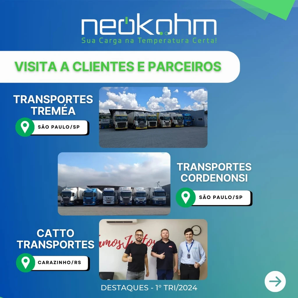 Arte "Visita a clientes e parceiros": caminhões enfileirados na Transportes Treméa e na Transportes Cordenonsi e três homens na Catto Transportes