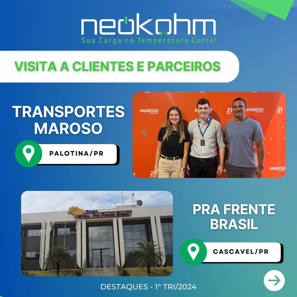 Arte "Visita a clientes e parceiros": mulher e dois homens diante de painel laranja da Transportes Maroso e a fachada do Grupo Pra Frente Brasil