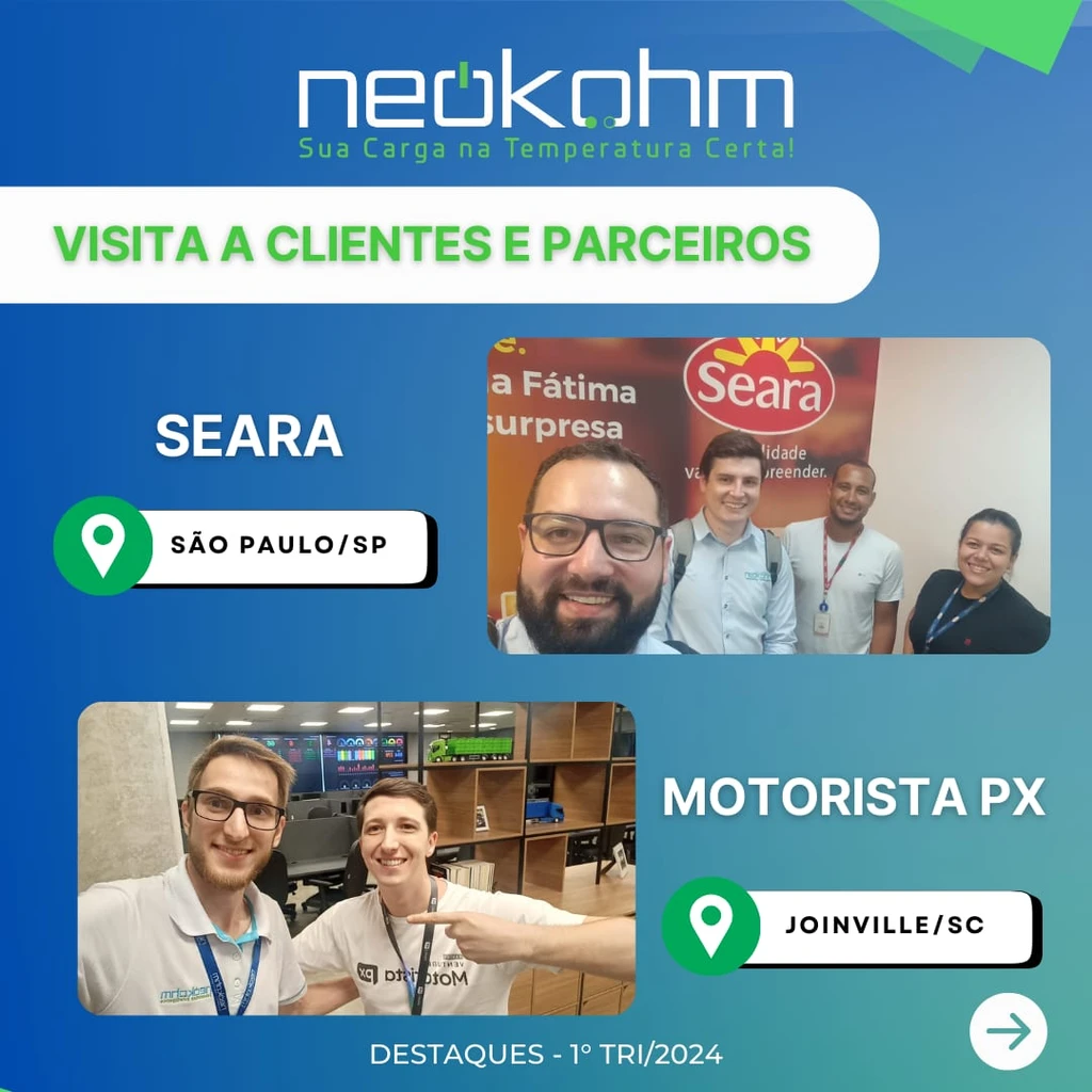 Arte "Visita a clientes e parceiros": selfie de quatro pessoas diante do logo da Seara e dois homens em escritório com telões na Motorista PX