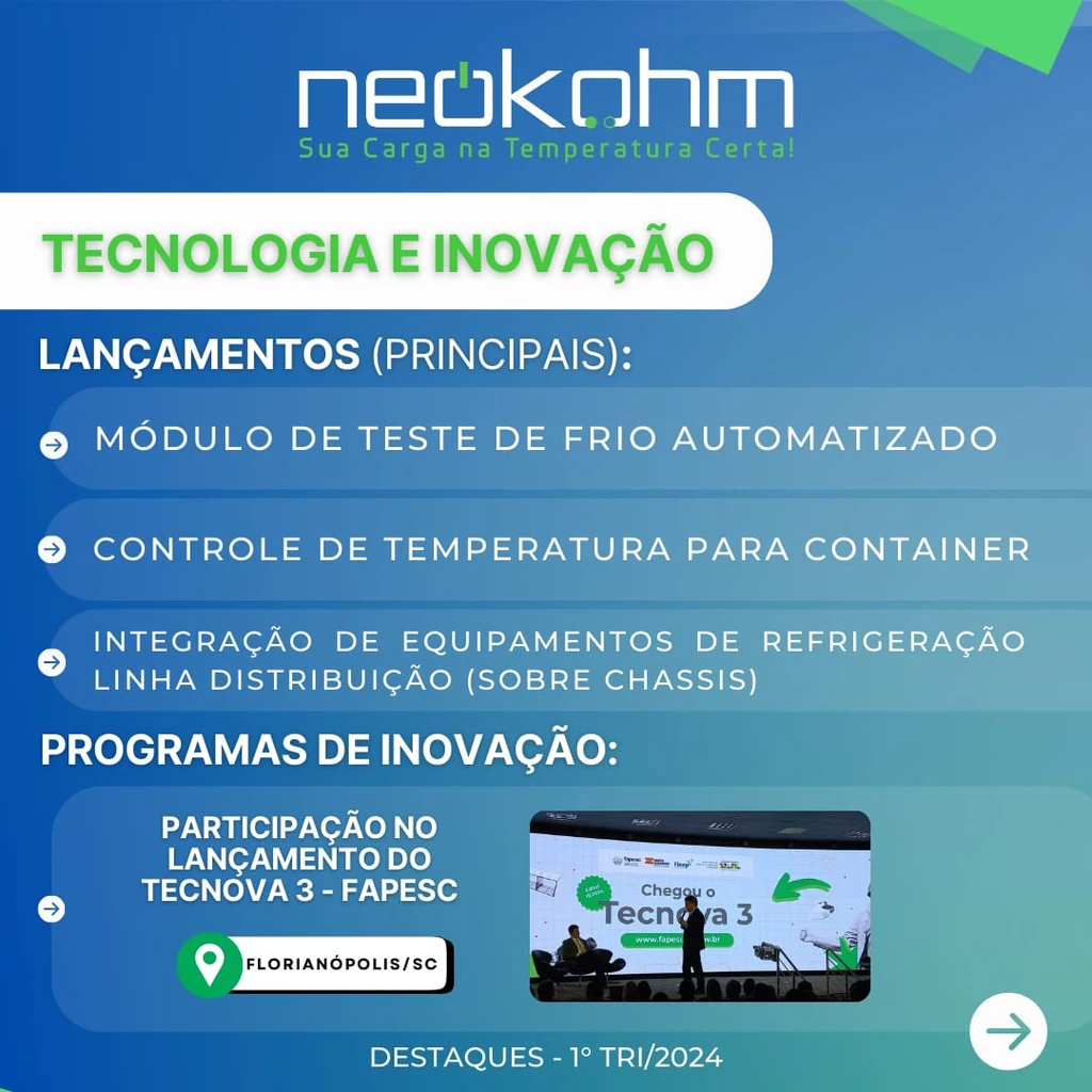 Arte "Tecnologia e inovação" lista lançamentos, como o módulo de teste de frio automatizado, e a participação no lançamento do Tecnova 3 - FAPESC