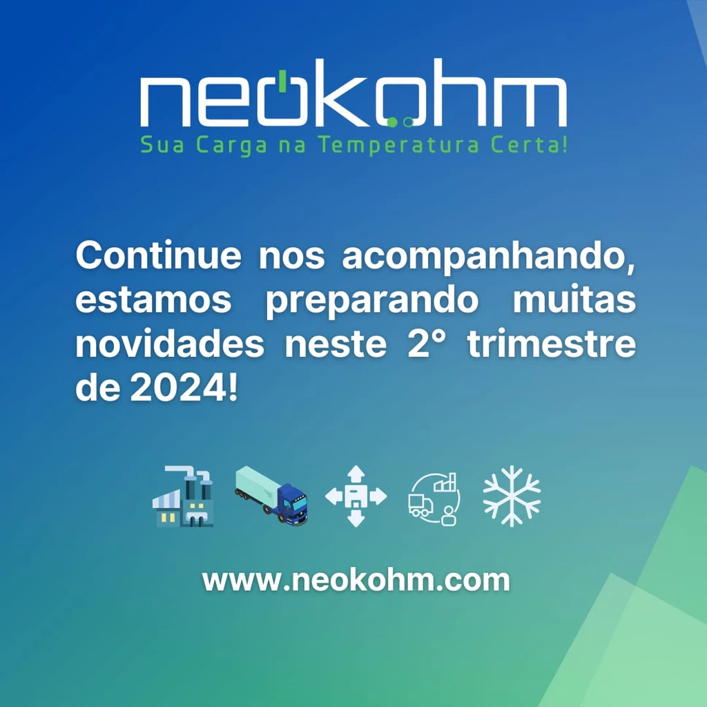 Arte final: "Continue nos acompanhando, estamos preparando muitas novidades neste 2º trimestre de 2024!", com ícones e o site www.neokohm.com