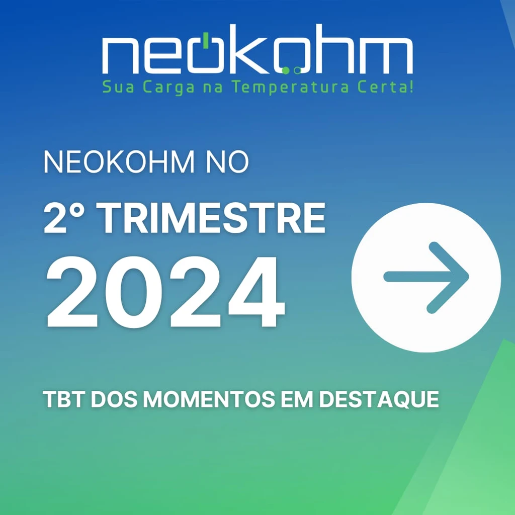 Arte com o logo da Neokohm e os dizeres "Neokohm no 2º trimestre 2024" e "TBT dos momentos em destaque", ao lado de uma seta em círculo branco.