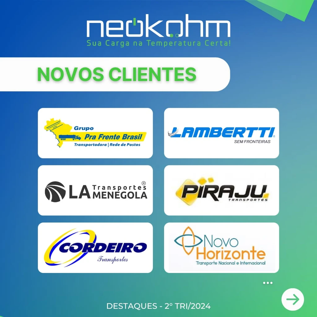 Arte "Novos clientes" com seis logos: Grupo Pra Frente Brasil, Lambertti, LA Transportes Menegola, Piraju, Cordeiro e Novo Horizonte.