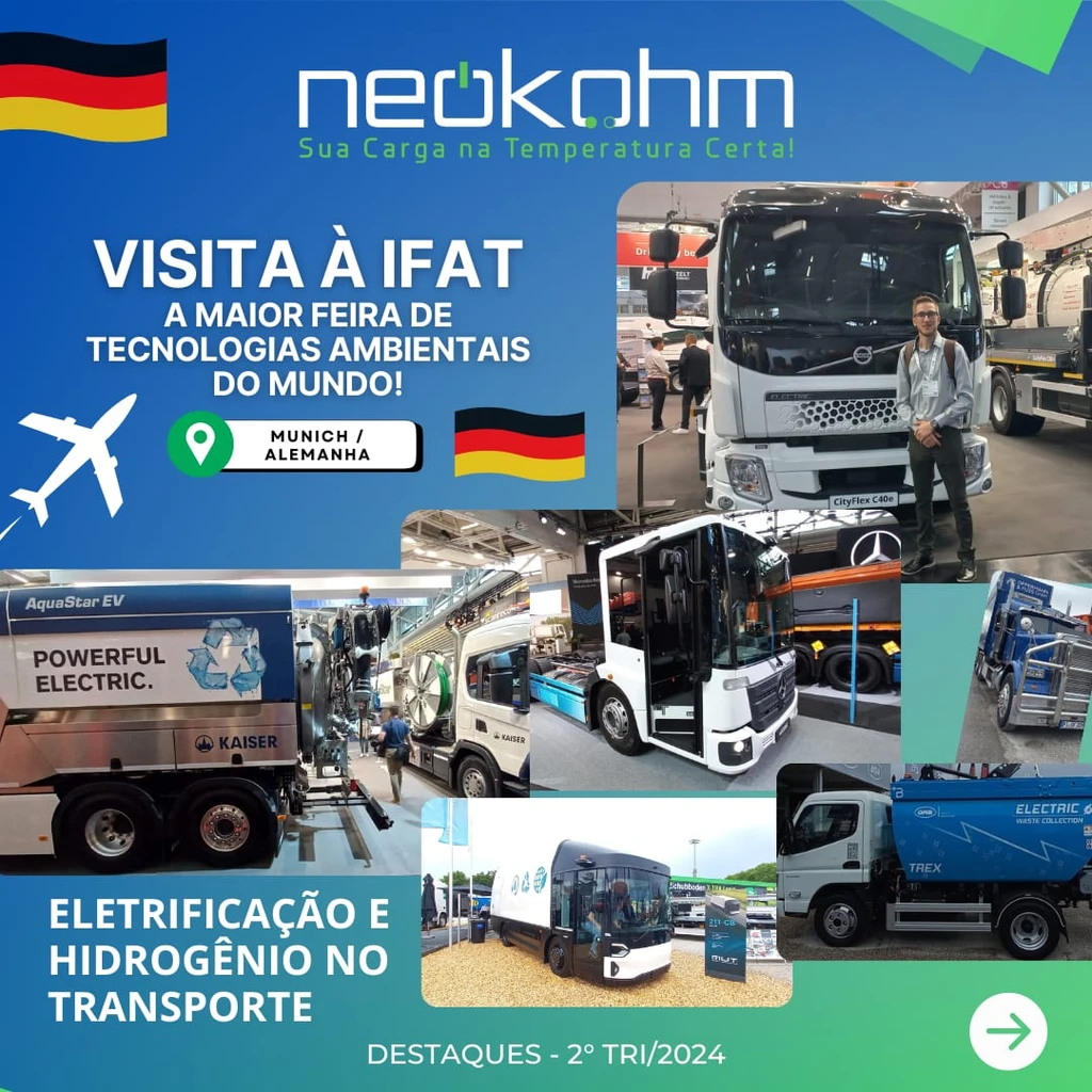 Arte "Visita à IFAT", em Munich / Alemanha, com fotos de caminhões em exposição e a frase "Eletrificação e hidrogênio no transporte".