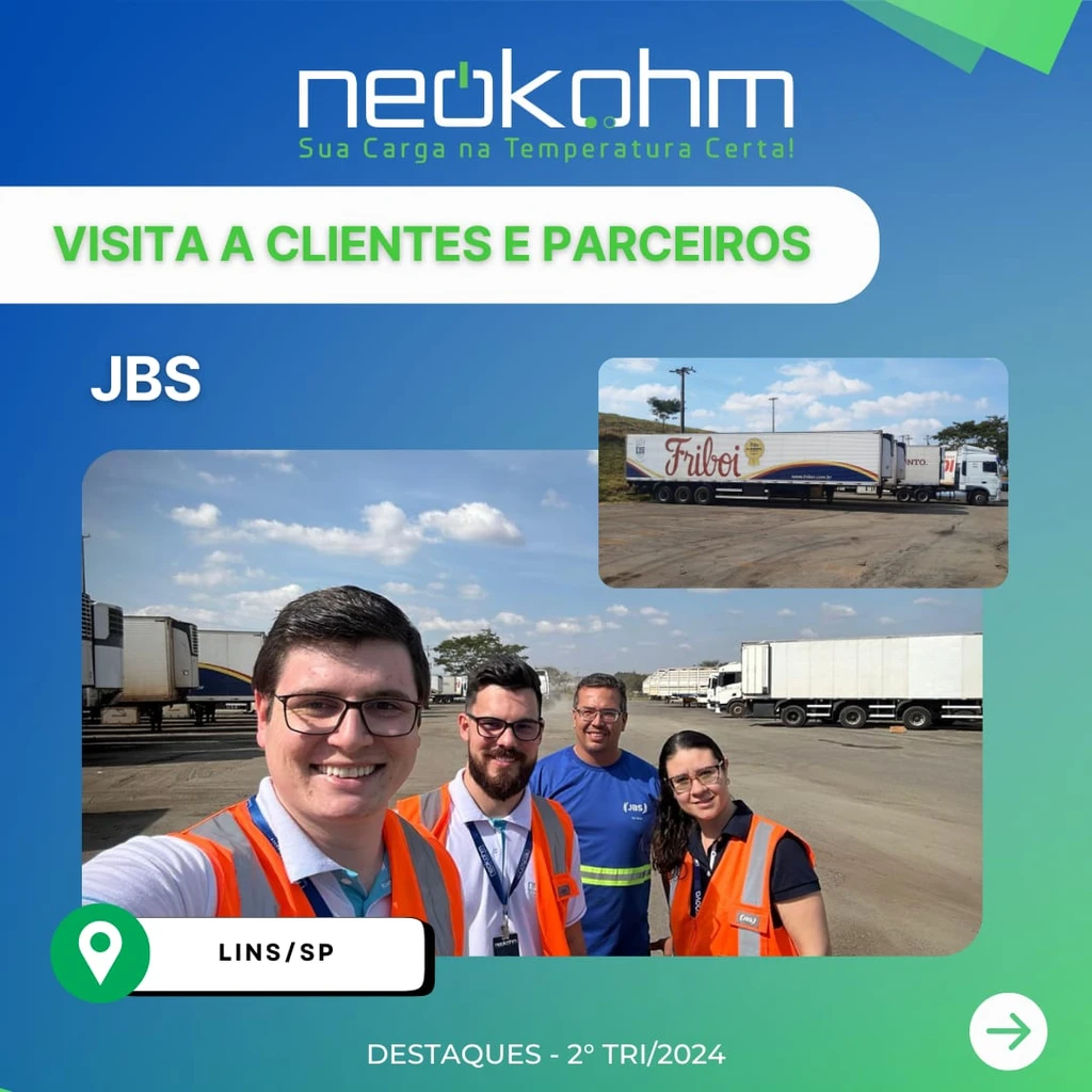 Arte "Visita a clientes e parceiros" na JBS, em Lins/SP: selfie de quatro pessoas, três de colete laranja, num pátio de carretas e uma carreta Friboi.