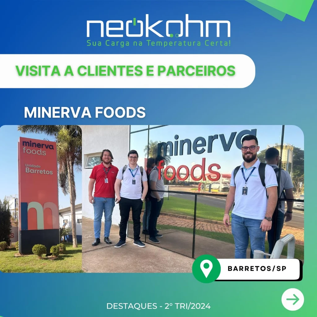 Arte "Visita a clientes e parceiros" na Minerva Foods, em Barretos/SP: totem "Unidade Barretos" e três homens de crachá junto à fachada espelhada.