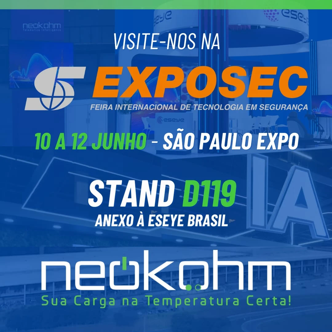 Arte "Visite-nos na Exposec": 10 a 12 de junho, São Paulo Expo, stand D119 anexo à Eseye Brasil, com o logo da Neokohm sobre foto azulada de um estande.