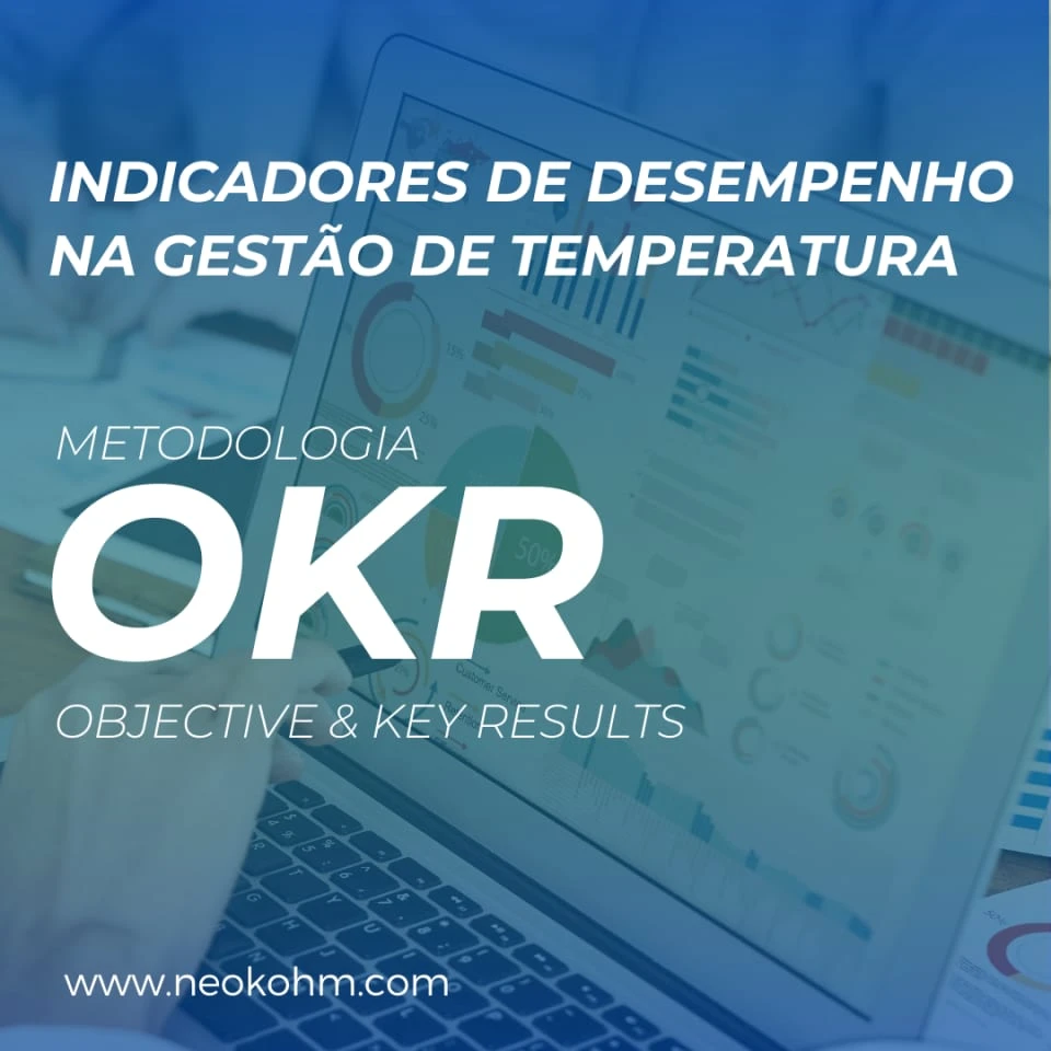 Arte "Indicadores de desempenho na gestão de temperatura – Metodologia OKR" sobre foto azulada de mãos num laptop com gráficos.
