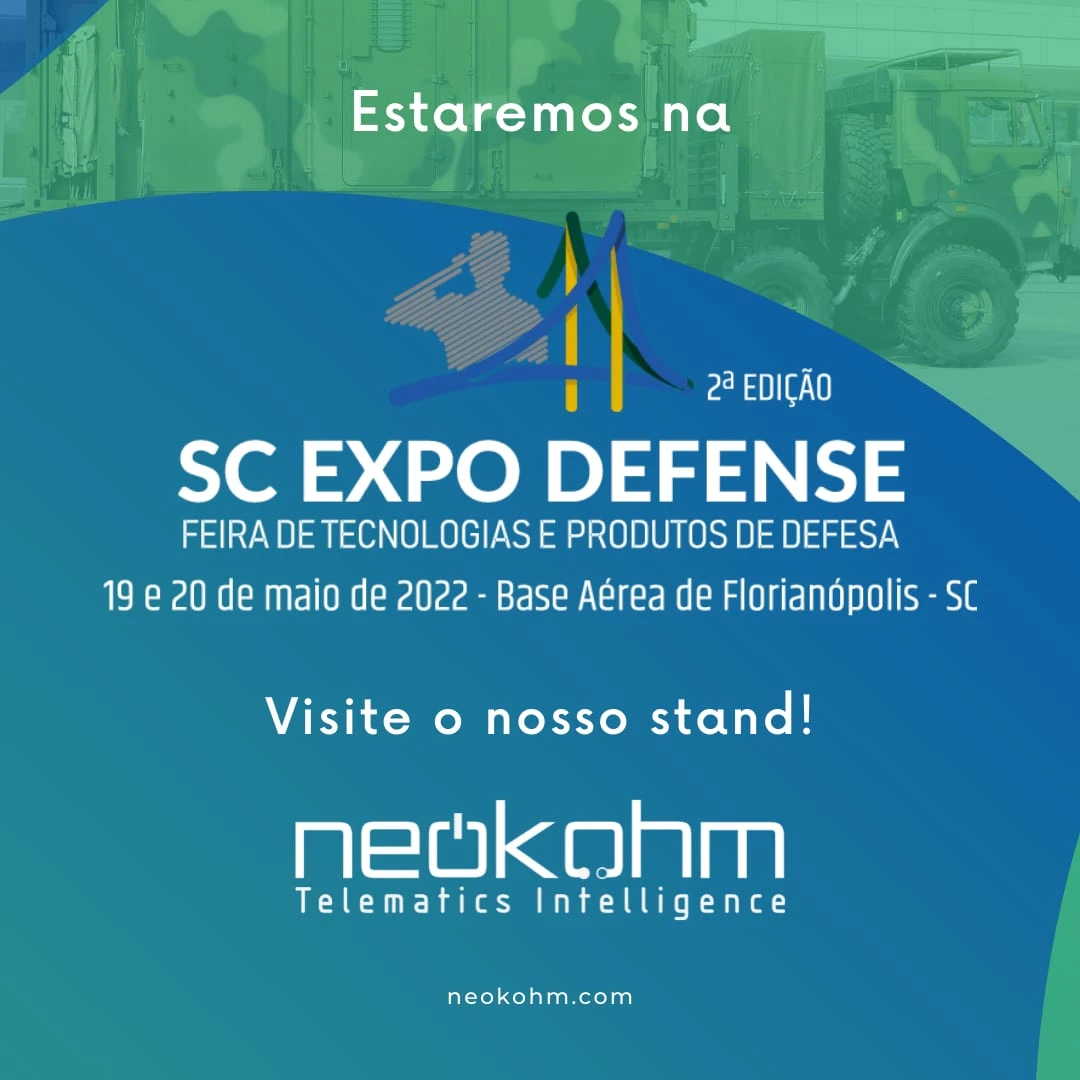 Arte "Estaremos na SC Expo Defense": 2ª edição, 19 e 20 de maio de 2022, Base Aérea de Florianópolis, com foto de caminhões militares camuflados no topo.