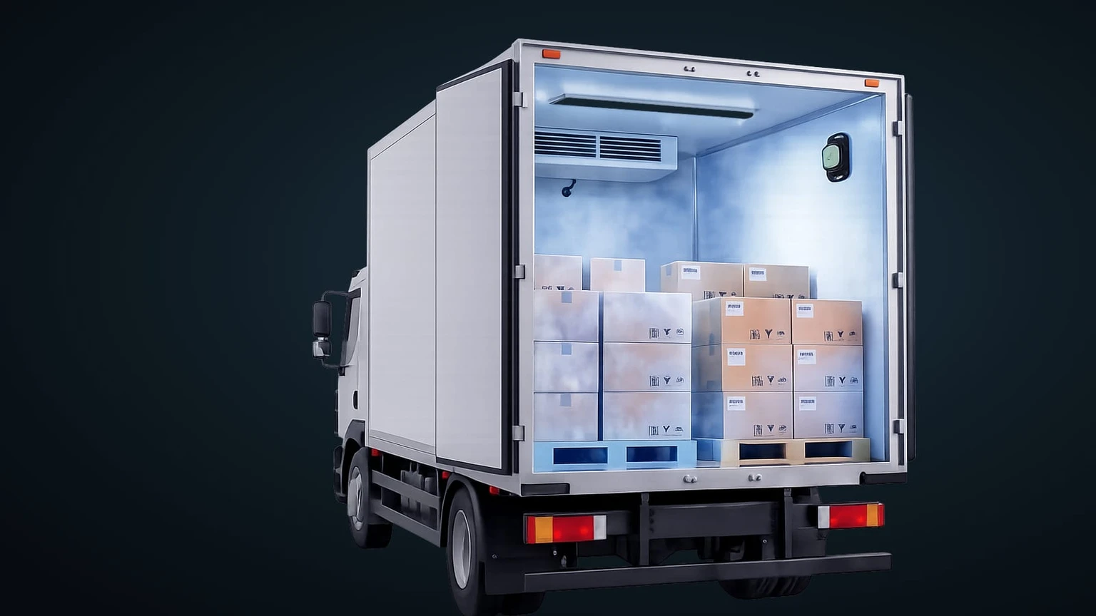 Caminhão com o baú refrigerado aberto: ar frio sobre caixas paletizadas e um sensor na parede interna.