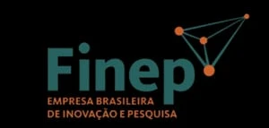 Logotipo da Finep sobre fundo preto, com a legenda "EMPRESA BRASILEIRA DE INOVAÇÃO E PESQUISA" e pontos laranja ligados por linhas.