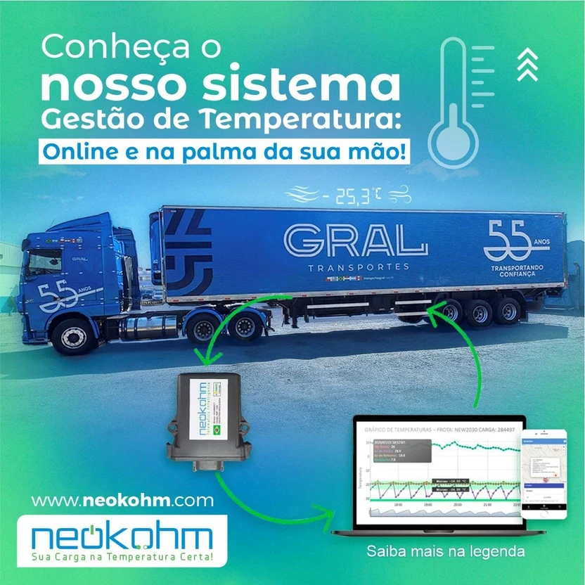 Arte "Conheça o nosso sistema Gestão de Temperatura: Online e na palma da sua mão!" com carreta frigorífica, módulo da Neokohm, notebook com gráfico e celular.