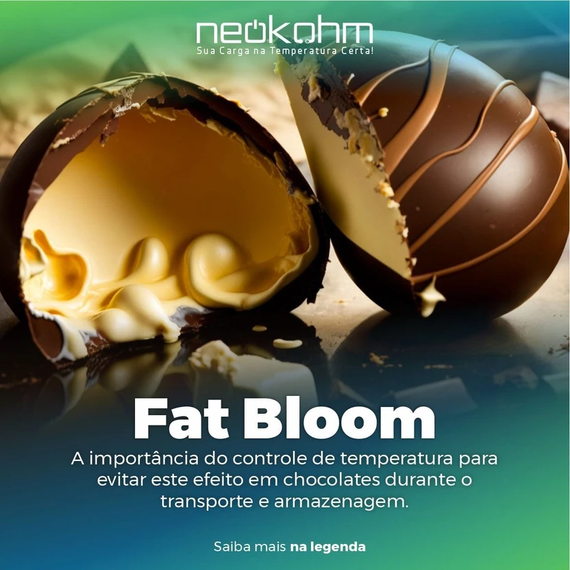 Arte "Fat Bloom" com bombons de chocolate partidos ao meio: a importância do controle de temperatura para evitar o efeito no transporte e armazenagem.