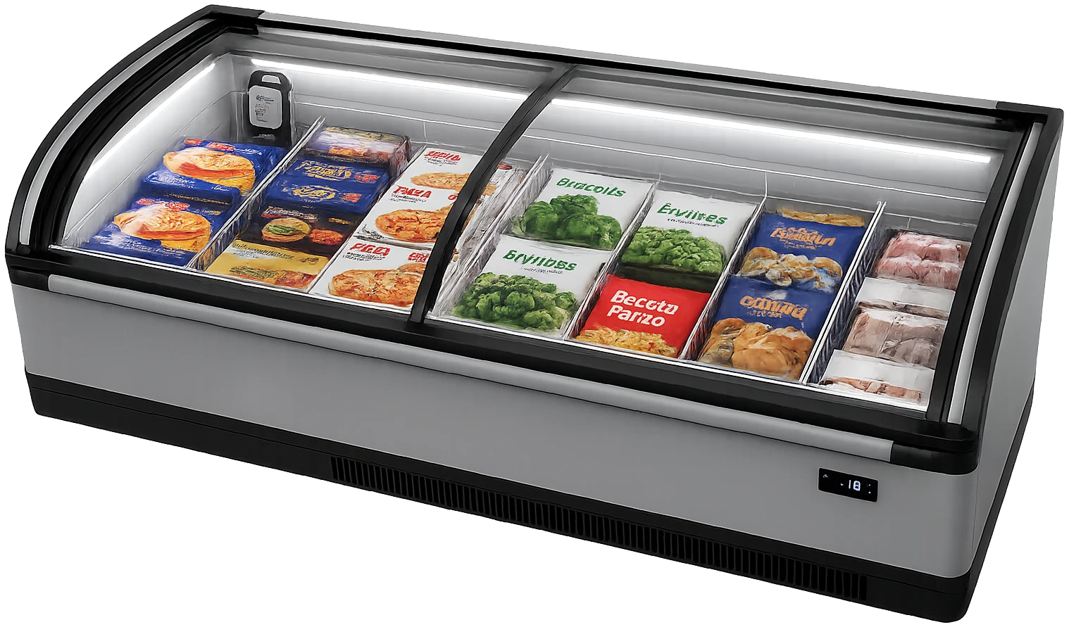 Ilha de congelados de supermercado, com produtos organizados e o sensor BTHD100 fixado na borda interna