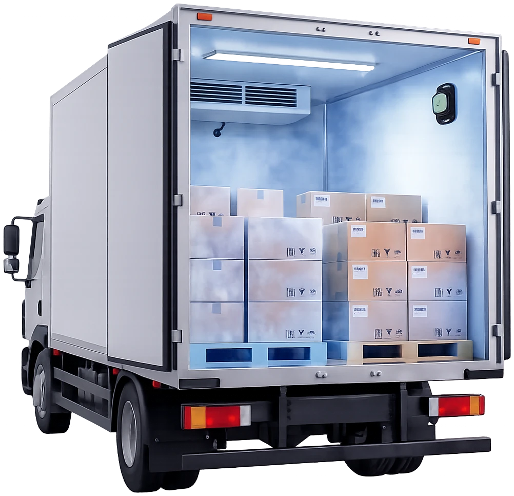 Baú refrigerado de um caminhão, aberto, com paletes de caixas e o sensor BTHD100 instalado na parede interna